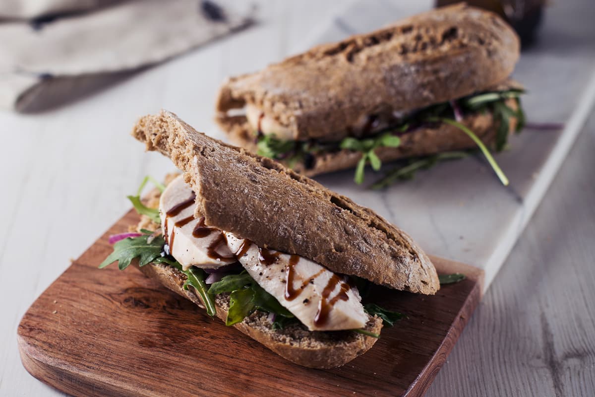 Chicken and rocket sandwich on a malted baguette