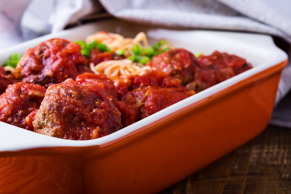Meatballs in tomato sauce in an oven dish