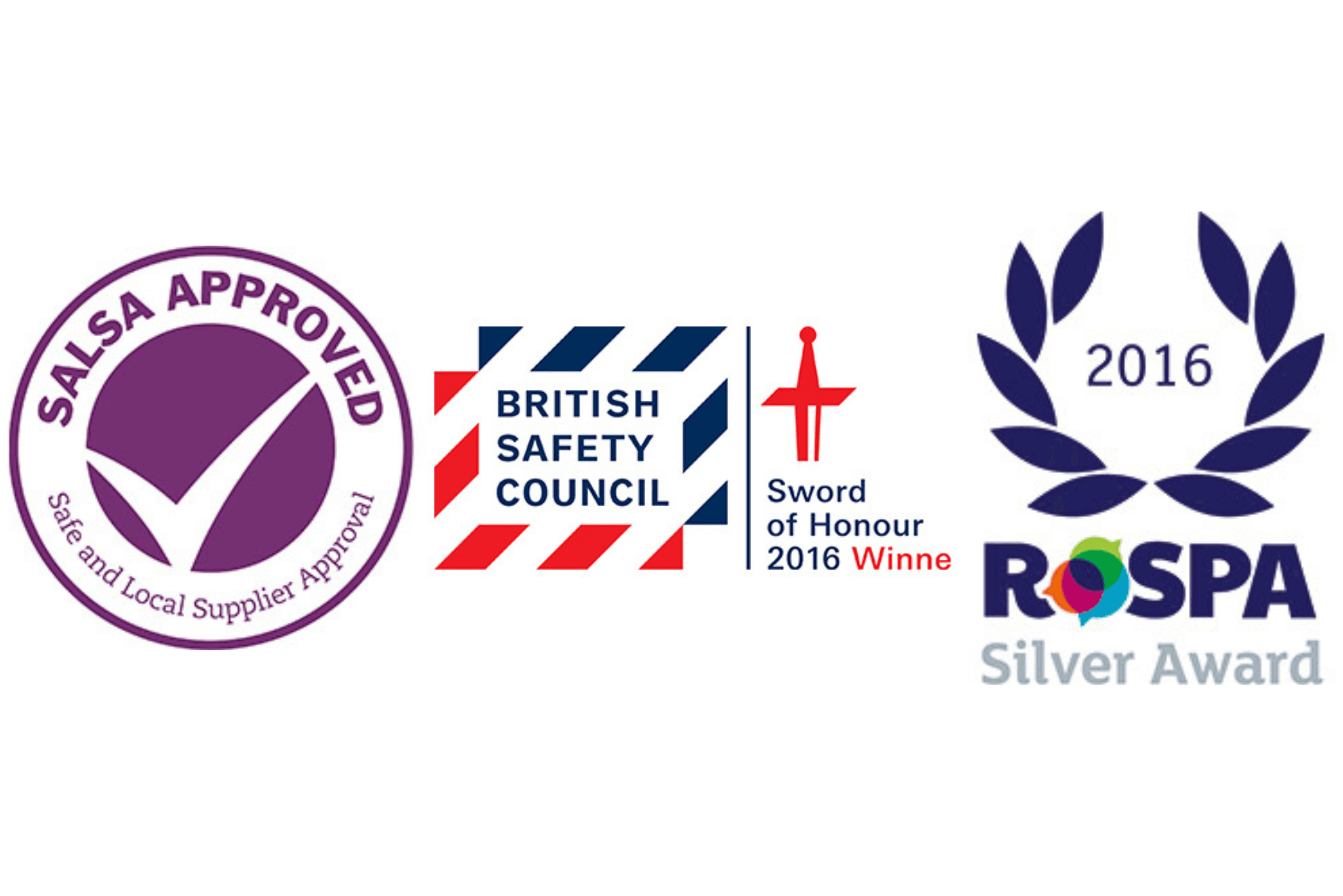 SALSA approved, British Safety Council Sword of Honour 2016 and RoSPA Silver Award 2016 logos
